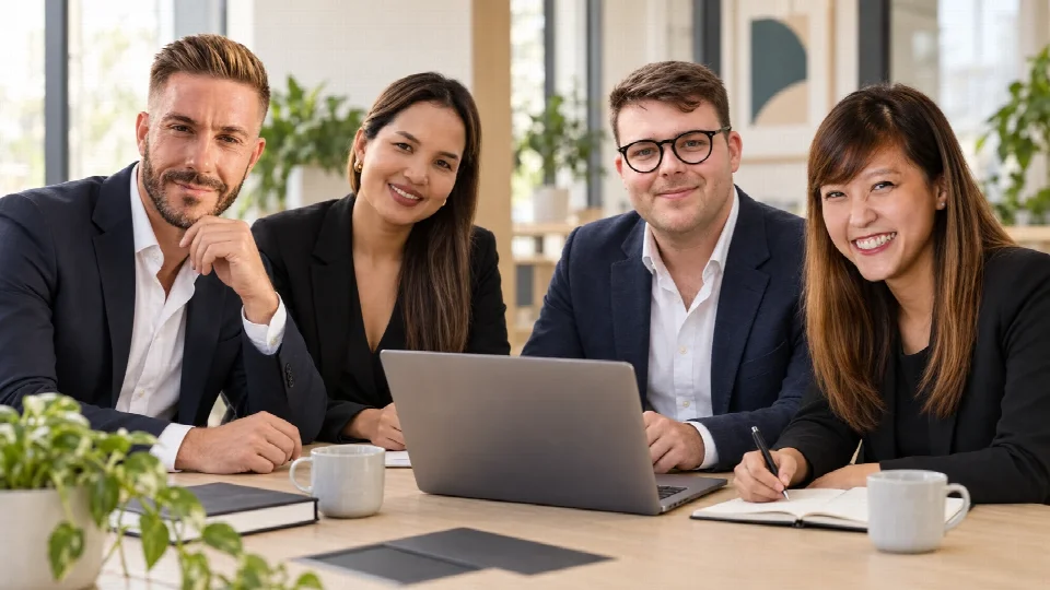 Maik, Krisana, Ambros und Miriam an einem gemeinsamen Arbeitstisch – KI-bearbeitetes Team-Motiv.